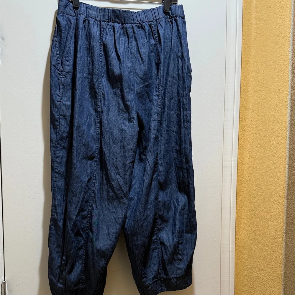 NWT OZAI N KU DENIM Cropped Pants Blue Denim Chambray Size L - Picture 6 of 9